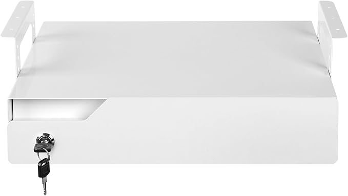 Under Desk Drawer Organizer Lockable, Metal Undermount Table Drawer Upgrade with Adjustable Brackets, Sliding Pull-Out Storage 17.3"x11.8"x5.4", White