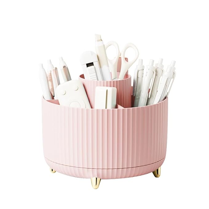 Diesisa Makeup Brush Holder Organizer, 360° Rotating Makeup Brush Organizer, 5 Slot Makeup Brushes Cup for Cosmetics, Nail Polish, Art Supply, Bathroom Vanity Desktop Organizer - Pink