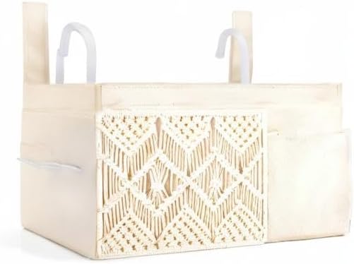 Mkono Bedside Caddy Hanging Organizer, Boho Macrame Storage with Fixed Straps and Hooks, 4 Pockets Holder Remote Magazine Accessories for Home Loft Bunk Bed, Dorm, Hospital Beds