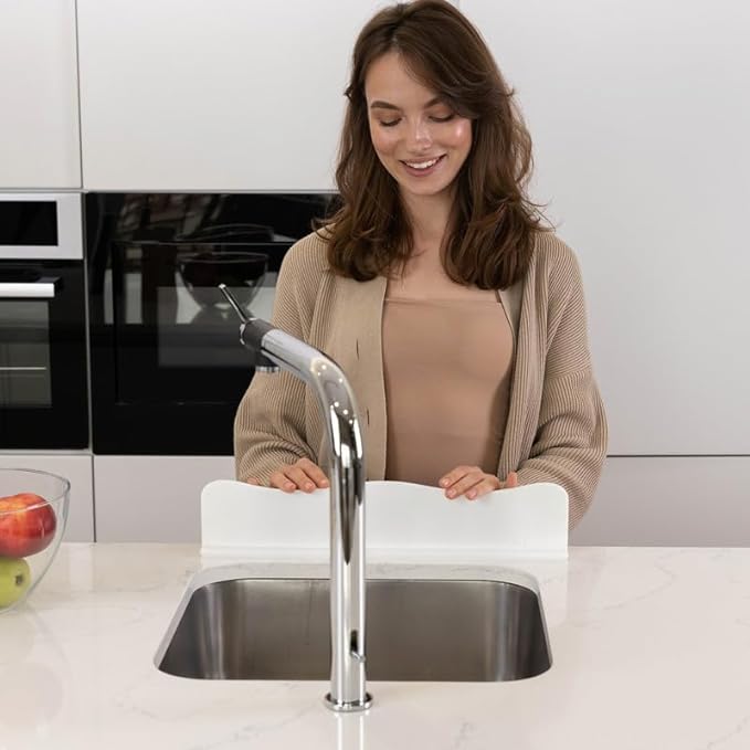 TYOARO Silicone Sink Splash Guard - Water Splash Guard for Kitchen, Island and Bathroom - Secure Non-Slip Suction Cup Base - Dishwasher Safe, White (17.4 x 1.7 x 3.6")
