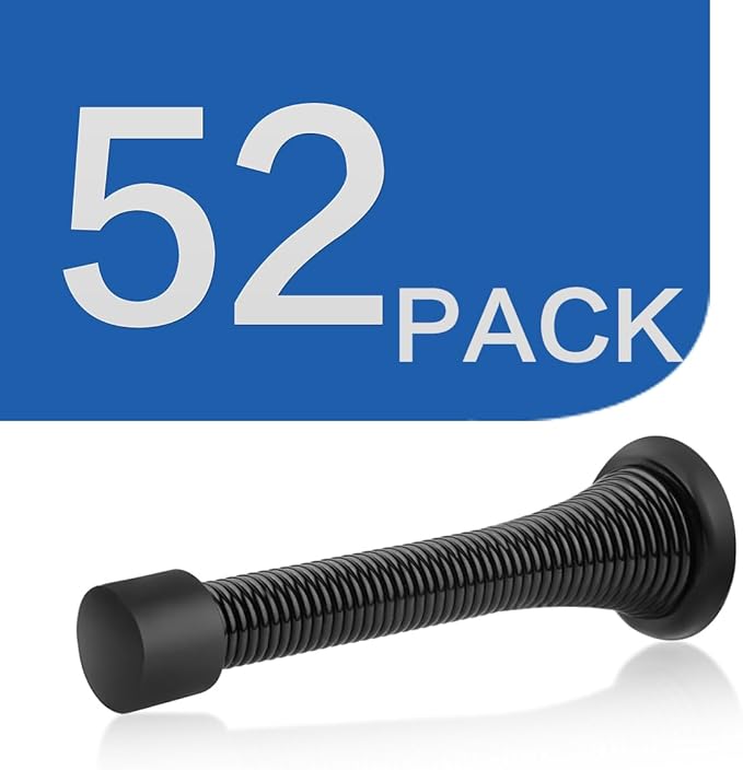 HOMOTEK 52 Pack Black Spring Door Stops,3-1/8" Heavy Duty Door Stop - Flexible Spring Door Stopper with Low Mounted Black Rubber Bumper Tips
