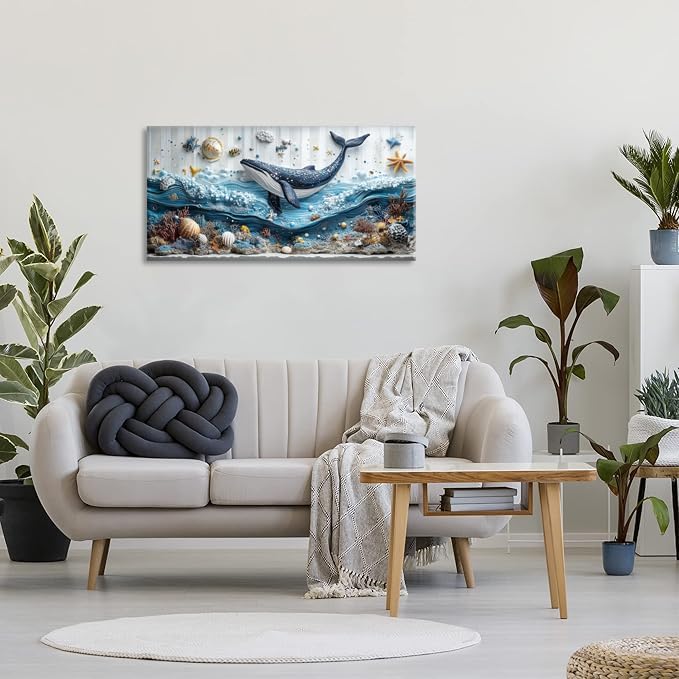 ZESTRILIA Ocean Whale Wall Art for Kids Room Navy Blue Marine Organism Underwater World under the Sea Canvas Painting Prints Artwork Family Living Bedroom Decor (30x16 Inches)