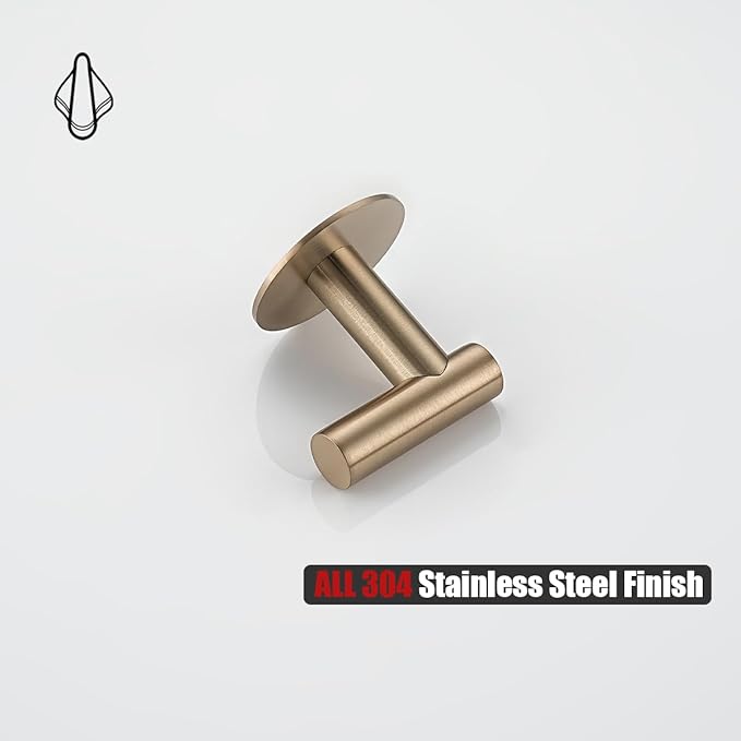 JQK Self-Adhesive Towel Hook Champagne Bronze, No Drill Stick-on Coat Robe Clothes Wall Hook for Bathroom, 2 Pack, 304 Stainless Steel, ATH110-CB-P2