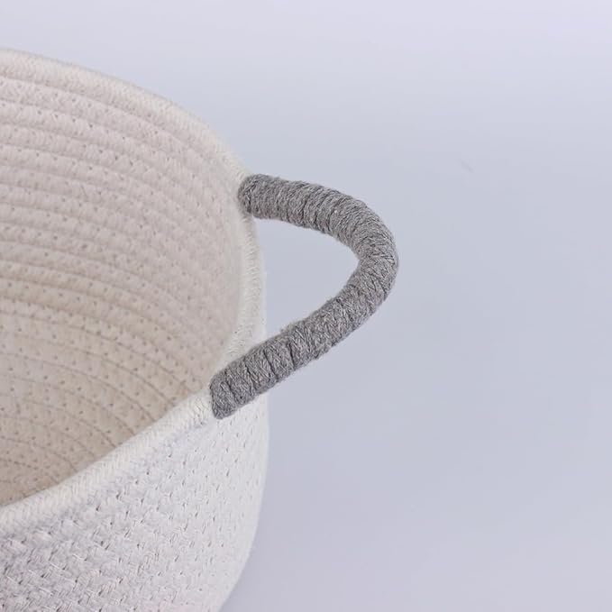 Yimi's Dream Basket for Gifting, Small Baskets for Shelves, White Cotton Rope Basket with Grey Handle for Decor, Baby Cat Dog Toy (Oval, 12"x 8"x 5")