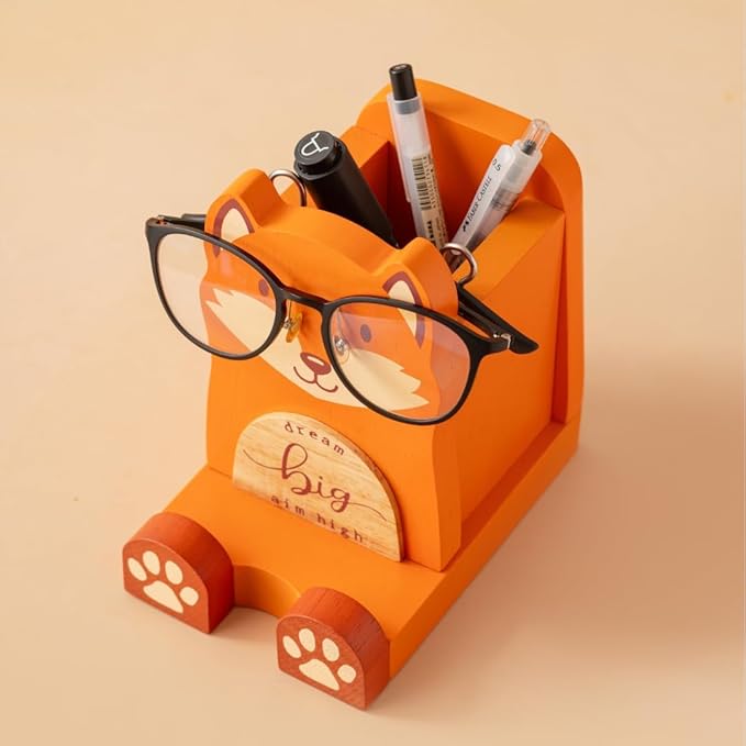 I'm a Solid Wood Multipurpose Eyeglass, Phone, Pen, and Pencil Holder Stand. I'm a Stationery Desk Box Organizer Accessories Decor, a Cute Home Office Desktop Decoration, and a great Birthday or Graduation Gift for Fox Lovers. (Fox)