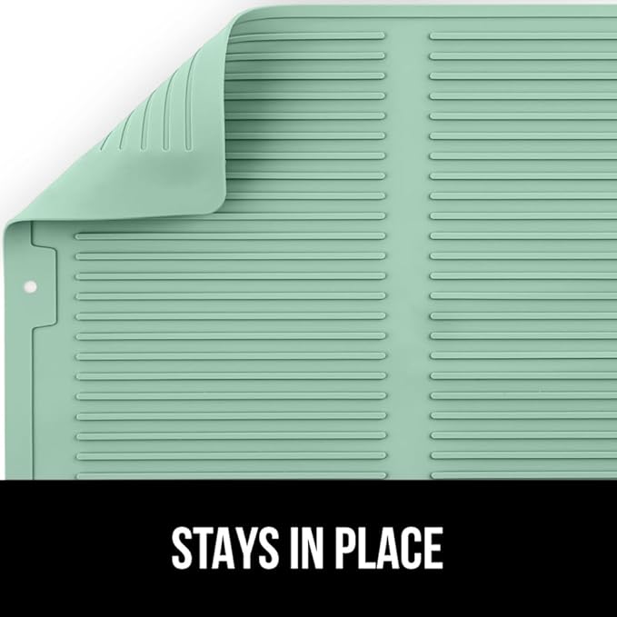 GORILLA GRIP 100% BPA-Free Patented Silicone Dish Drying Mat for Kitchen Counter, Water Catching Ribbed Design, Easy Clean Waterproof Sink Liner, Heat Resistant, Fits Under Rack, 11x13 Inch, Mint