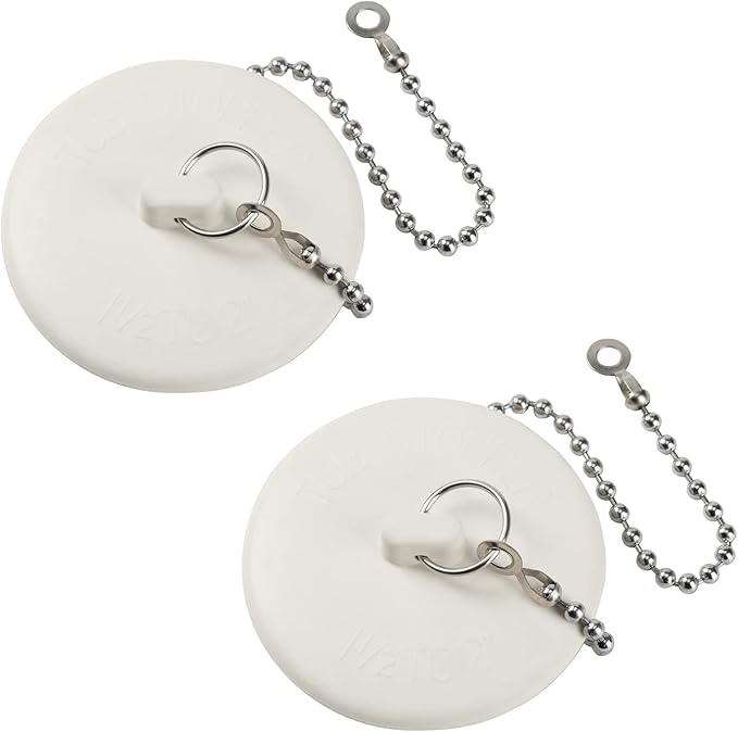 2 Packs Tub Stopper, Rubber Bathtub Stoppers Drain Plug with 15" Stainless Steel Beaded Chain, Premium Bathroom Plug Fit for 1.5" to 2" Kitchen Sink, Bathroom Bath tub, Drain Stopper, White