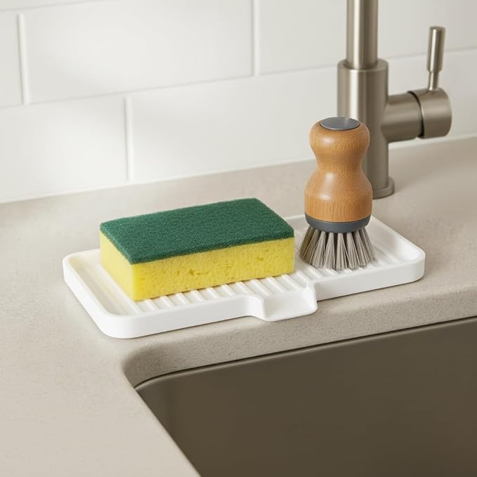Happitasa Silicone Soap Dish Tray and Sponge Holder with Drain Chute | Bathroom and Kitchen Sink Organizer Caddy (Smoky Blue, 9"x3.5", 5.6 Ounces)