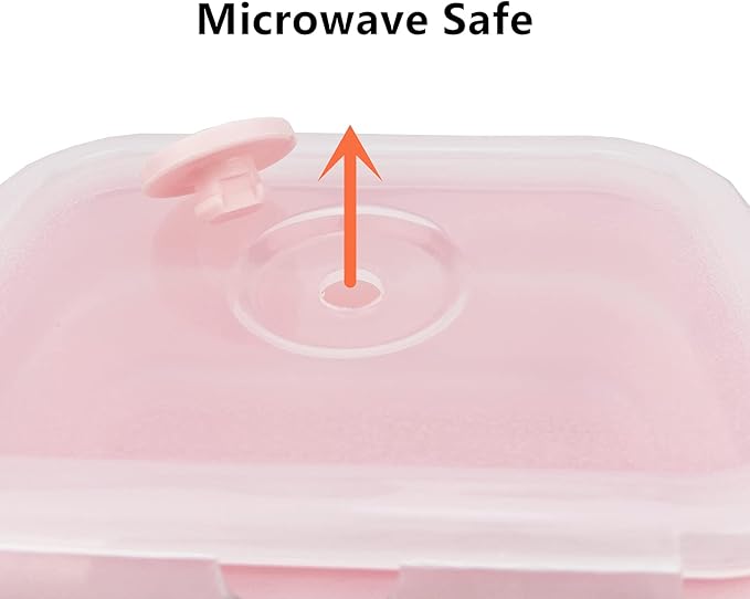 CCyanzi 3-piece Collapsible Food Storage Containers with Lids, Silicone Lunch Container, Microwave & Freezer Safe, Space-Saving for Kitchen Cabinet and Camping Backpack (Pink)