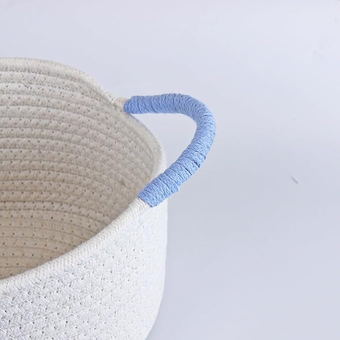 Yimi's Dream Basket for Gifts, Small Cute Shelf Baskets for Babies, Wedding, Birthday, White Rope Baskets with Blue Handle for Home Decor (Oval, 12"x 8"x 5")