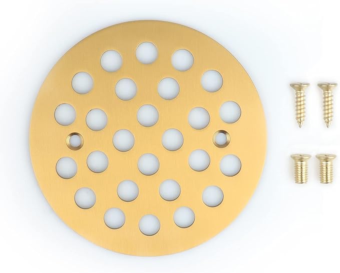 Poyde 4-1/4 Inch Screw-in Round Floor Drain Cover Replacement Shower Drainer Grates (Brushed Golden)