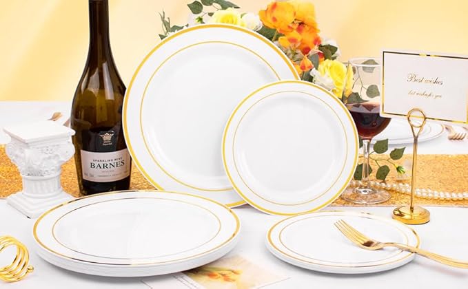 FLOWERCAT 60PCS Gold Plastic Plates - Heavy Duty White and Gold Plastic Plates Disposable for New Year Party/Wedding - Include 30PCS 10.25" Dinner Plates and 30PCS 7.5" Dessert Plates