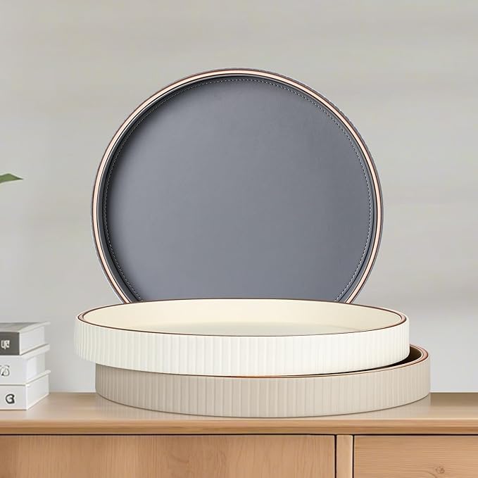 GORESE Round Decorative Tray for Coffee Table Decor, 12" PU Leather Serving tray Table Centerpiece Home Decor, Desk Valet Tray for Trinket Jewelry Perfume Key, Ottoman Tray Nightstand Organizer, Biege