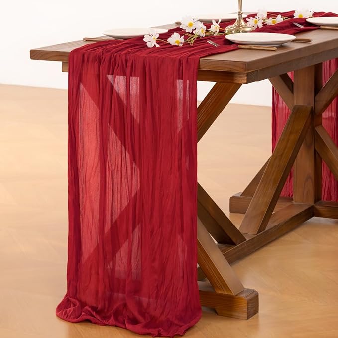 Socomi Red Cheesecloth Table Runner Summer Boho Rustic Gauze 120 inch 10FT Cheese Cloth Sheer Runner for Wedding Party Baby Shower Birthday Home Decor Holiday Decorations