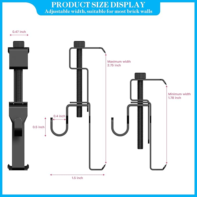 Stainless Steel Brick Wall Clips, Brick Hooks Clamp Outdoor Heavy Duty 1-3/4" to 2-1/2" Brick Hook Brick Hangers No Drill, 6 Packs