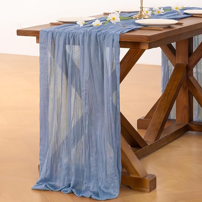 Socomi 2pcs Dusty Blue Summer Cheesecloth Table Runner Boho Rustic Gauze 120 inch 10FT Cheese Cloth Sheer Runner for Wedding Party Baby Shower Birthday Home Decor Holiday Decorations