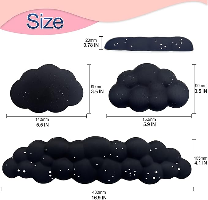 Cloud Wrist Rest Set for Keyboard and Mouse, Includes Cute Coaster, for Computers and Laptops (Black Star Set)