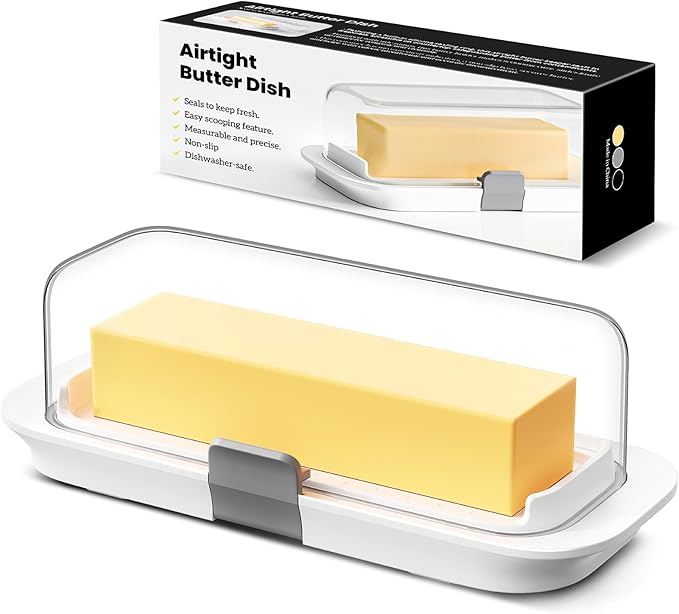 Pisol Butter Dish with Lid for Countertop and Refrigerator Door Shelf, Airtight Butter Keeper Container, Butter Holder for East/West Coast Butter, BPA-free, Microwave/Dishwasher Safe