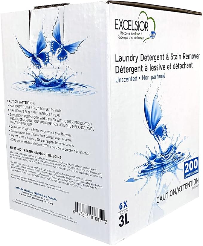 Excelsior Liquid Laundry Detergent Unscented HE Concentrated, 200 Loads 3 Liter, Enzyme Stain Remover, Front Load and Top Load Compatible