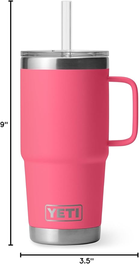 YETI Rambler 25 oz Tumbler with Handle and Straw Lid, Travel Mug Water Tumbler, Vacuum Insulated Cup with Handle, Stainless Steel, Tropical Pink