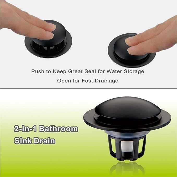 Pop Up Bathroom Sink Stopper,2 Pack Matte Black Sink Drain Stopper with Hair Catcher and Strainer,Glimflorus Universal 2-in-1 Drain Stopper for 1 1/8"-1 1/2" Drain Holes