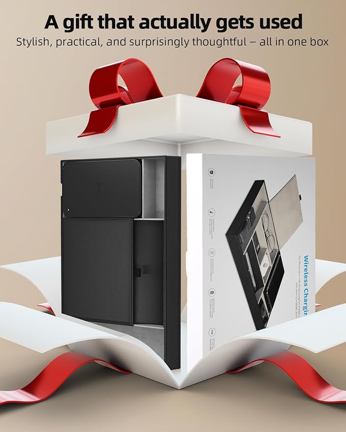 Valet Tray with Wireless Charger, Nightstand Organizer, Leather Desk Drawer Organizer Tray with 7 Compartments for Jewelries, Watch, Key, Wallet, Phone, Black