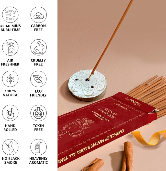 Folkulture Incense Sticks | Set of 120 Insence-Sticks with Holder for Relaxation |Cinnamon & Orange Incense| Organic, Slow Burning & Non Toxic Inscents | Luxe Fragrances for Meditation