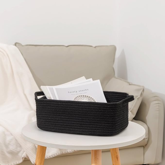 CubesLand Cube Storage Organizer Basket Bin, Rectangular Cotton Rope Basket, 14x10x7.08Inches, Black