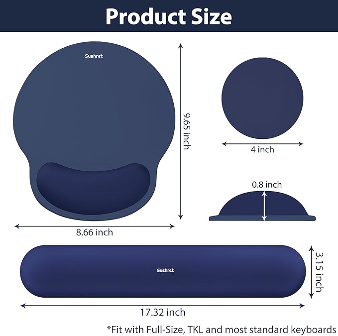 Mouse Pad and Keyboard Wrist Rest, 3-in-1 Gel Memory Foam Ergonomic Mouse Pad with Wrist Rest Set, Gaming Mousepad Arm Cushion Support for Computer Office Desk Accessories Cute Setup,Dark Blue