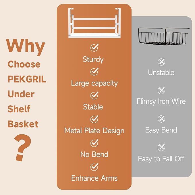 PEKGRIL 2 Pack Large Under Shelf Basket, White Undershelf Storage Basket, Heavy Duty Slide-in Hanging Storage Basket, Metal Under Cabinet Organizer for Kitchen, Pantry, Desk, Bookshelf, Cabinet