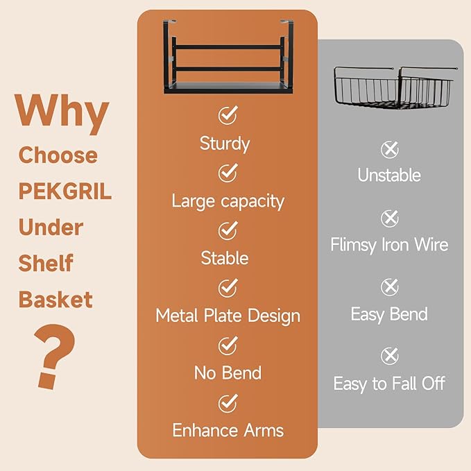 PEKGRIL 2 Pack Large Under Shelf Basket, Black Undershelf Storage Basket, Heavy Duty Slide-in Hanging Storage Basket, Metal Under Cabinet Organizer for Kitchen, Pantry, Desk, Bookshelf, Cabinet