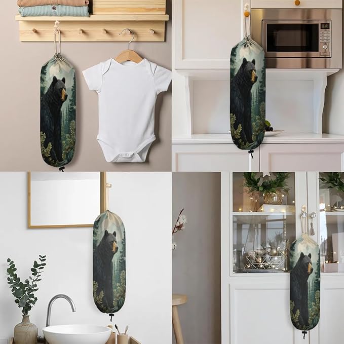 Sabokido Forest Bear Plastic Bag Holder Green Tree Grocery Bag Storage Dispenser Washable Hanging Shopping Bags Carrier Reusable Wall Mount Trash Bag Organizer for Kitchen Pantry