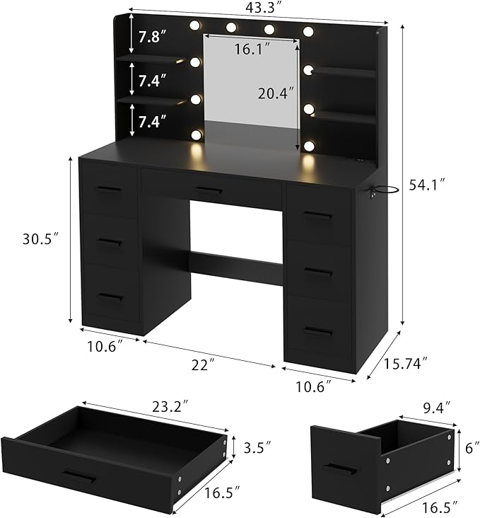 Furmax Vanity Desk with Mirror, LED Lights and Power Outlet Makeup Vanity Table with 7 Drawers and 6 Storage Shelves Dressing Table for Bedroom Dressing Room (Black)