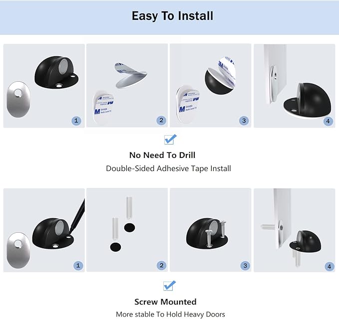 Magnetic Door Stop, Stoppers for Bottom of Door, Self Adhesive No Drill, Floor Doorstops Stainless Steel Door Catch Holder Wall Protector, Black, 4 Pack