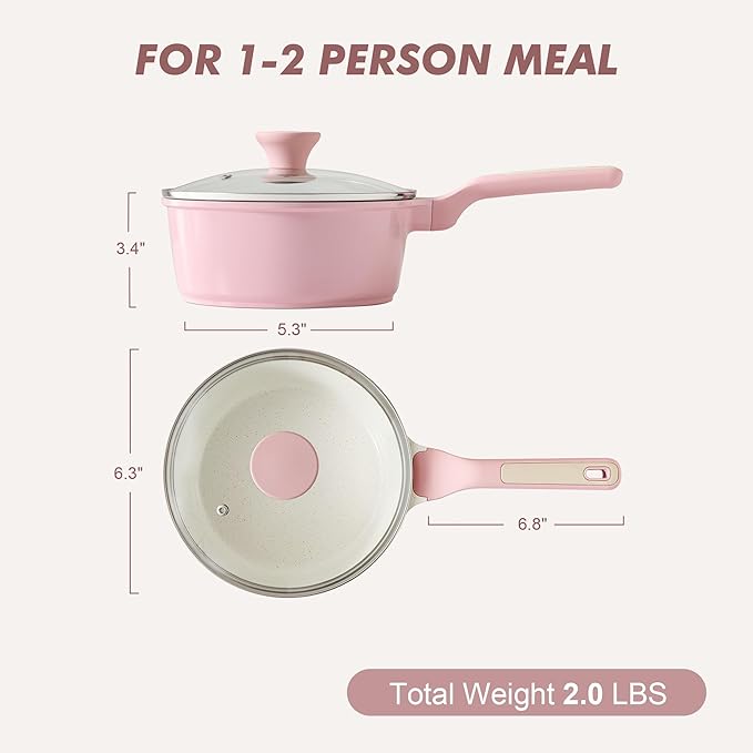 SENSARTE Ceramic Nonstick Saucepan with Lid 1.5 Quarts, Small Kitchen Cooking Pot with Stay Cool Handle, Induction Compatible, Ceramic Coating, Free of Intentionally Added PTFE/PFOA/PFAS, Sakura Pink