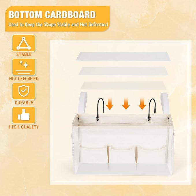 Bedside Caddy Storage Organizer with Fixed Straps and Water Bottle Holder for Home, College, Dorm, Bunk/Hospital/Crib Bed Rails, White