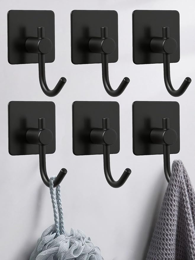 Sticky Hooks for Hanging, 6-Pack Adhesive Wall Hooks No Drilling Stainless Steel Towel Hook for Walls No Damage, Self Adhesive Hook for Bathroom Kitchen Office, Black