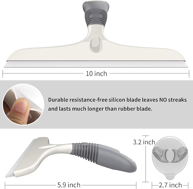 MR.SIGA Multi-Purpose Silicone Squeegee for Window, Glass, Shower Door, Car Windshield, Heavy Duty Window Scrubber, Includes Suction Hook, 10 inch, White & Gray, 2 Pack