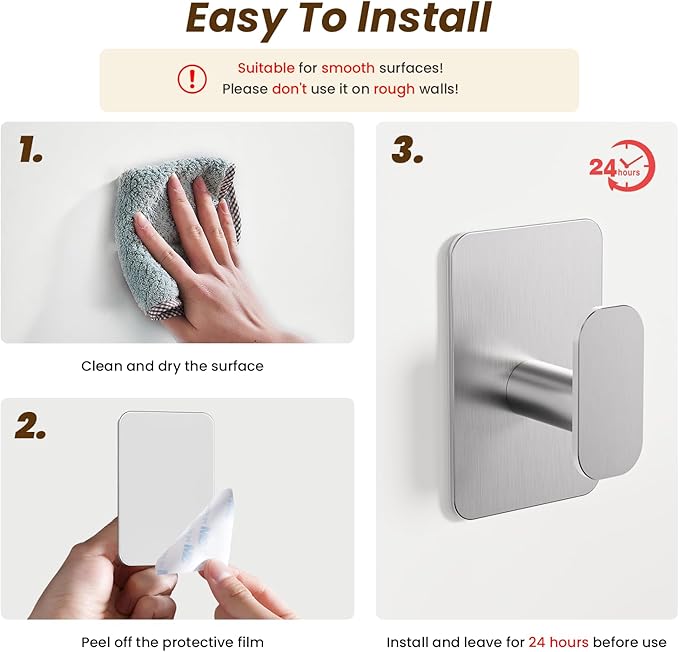 Heavy Duty Self Adhesive Hooks - 26lb Max, Sticky Wall Hooks Stainless Steel for Hanging Towel, Coat, Robe, Waterproof & Rustproof Hooks Stick on Bathroom, Shower, Kitchen(Silver, 4 Pack)
