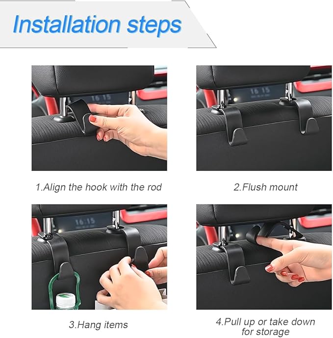 4PCS Car Seat Headrest Hooks, Auto Back Seat Hanger Holder, Durable Stylish Vehicle Organizer Universal Car Interior Accessories, Storage Hooks for Purses, Bags, Clothes, Coats (Carbon Fiber/Red Flag)