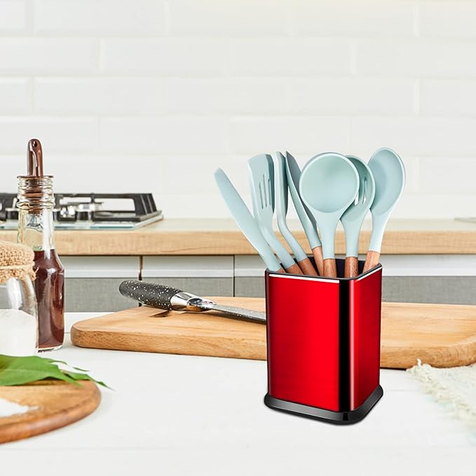 RedCall Stainless Steel Kitchen Utensil Holder for Countertop, Spoon Spatula Organizer, Modern Rectangular Large Cooking Utensil Caddy Counter, Utensil Crock (Stainless Steel Red)