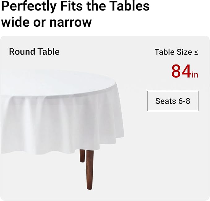 Auros Premium Plastic Tablecloths 10 Pack, 84'' Round Disposable Table Covers, Thick & Durable, Waterproof & Spill-Proof, Easy Cleanup for Parties, Wedding, Picnic, Pure White