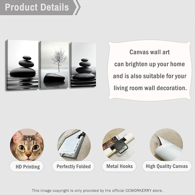CCWORKERRY 3PCS Zen Stones Canvas Wall Art Black and White Zen Stone Painting Calming Meditation Wall Decor for Yoga Studio Office Spa Bathroom (white,20W x28L x3)
