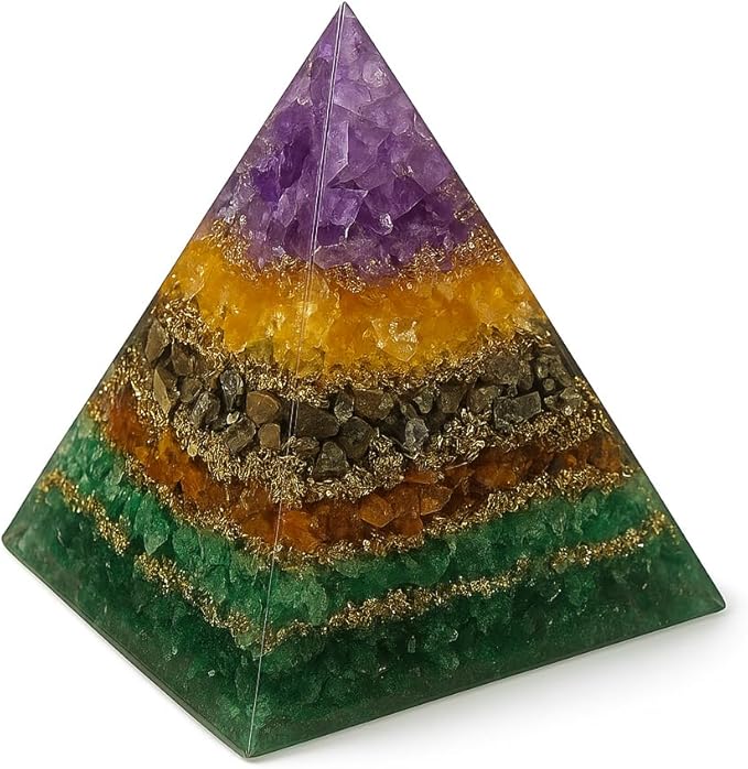 Money Magnet Pyramid with Amethyst, Citrine, Pyrite & Tiger Eye Stones โ Crystal Healing Pyramid for Wealth, Abundance, Positive Energy, Reiki, Meditation & Home Dรฉcor