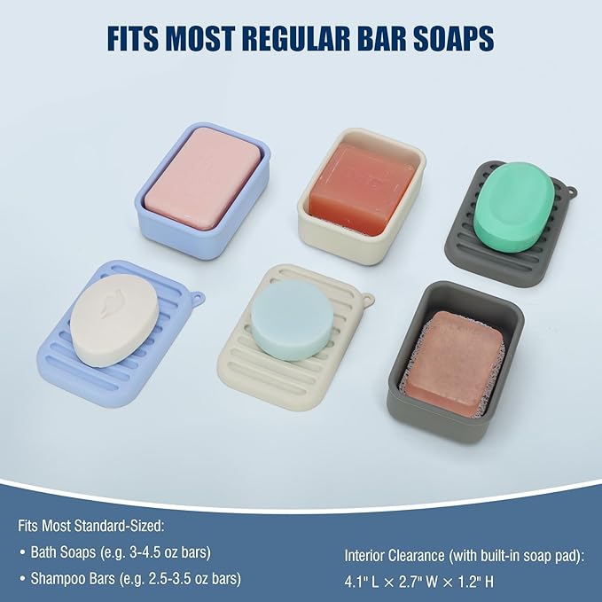 Leak-Proof Silicone Travel Soap Case with Drainage Lid/Layer, Compact Bar Soap Container, Durable Soap Holder for Camping, Gym, and Travel Size Toiletries (Gray)