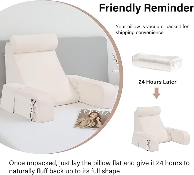 ENITYA 19" Back Pillow for Bed Sitting up, Big Pockets and Washable Removable Cover, Reading Chair for Watching TV/Reading/Gaming/Resting in Bed, Couch or Floor, Medium(Ivory)