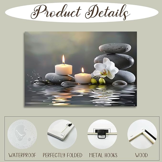 CGXLB Zen Stone Wall Art Candles & Orchid Painting Serene Water Decor for Spa Bathroom Bedroom Meditation Room 16"x24"