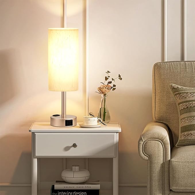 Fenmzee Bedside Table Lamp for Bedroom - 3 Way Dimmable Touch Lamp USB C Charging Ports and AC Outlet, Small Lamp Gold Base Round Flaxen Fabric Shade for Living Room, Desk, LED Bulb Included