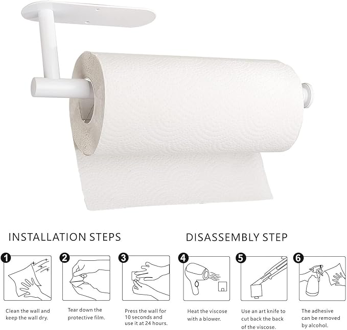 Paper Towel Holders, Paper Towel Rolls - for Kitchen, Paper Towels Bulk - Self-Adhesive Under Cabinet, Both Available in Adhesive and Screws, Stainless Steel Paper Towel Holder (White)