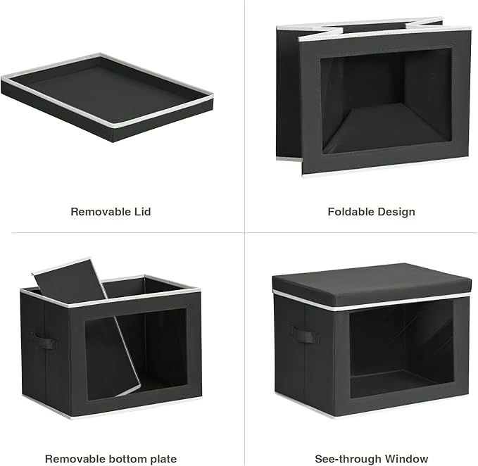 Stackable Storage Bins with Lids - Medium Storage Box with Lids, Foldable Closet Boxes for Organizing, Wardrobe Clothes Organizer with Window, Cubes Bins for Living Room, 5 Pack, Black